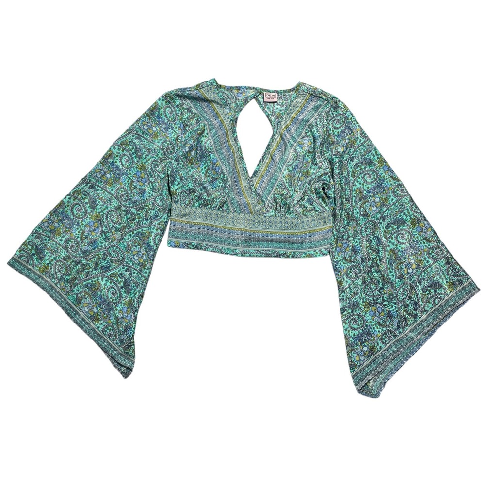 Devi Paisley Bell Sleeve Crop Top Teal One Size Womens Boho Festival Indie